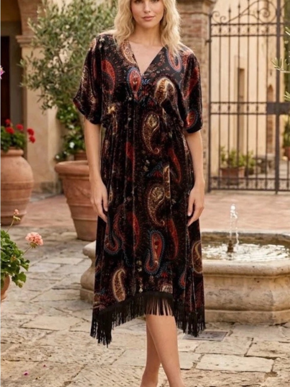 Johnny Was Sezana Velvet V-Neck Fringe Midi Dress Silk  Blend Women Medium NEW